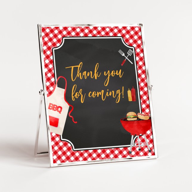 Red Gingham BBQ Baby Shower Tack för att du kom Poster (Burger in the Oven Baby Shower Thank you for Coming Sign)