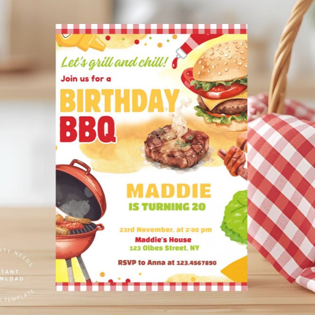 Red Gingham Bbq Barbecue Födelsedagsfest inbjudan (bbq birthday invitation, barbecue invitation, cookout birthday party invite, red gingham, summer bbq)