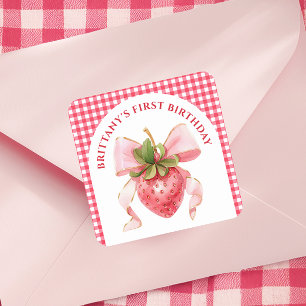 Red Gingham Berry First Birthday Fyrkantigt Klistermärke