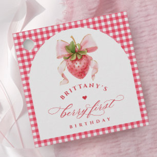 Red Gingham Berry First Birthday Gåvor Etiketter