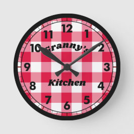 Red Gingham Black Retro Namn Rund Klocka