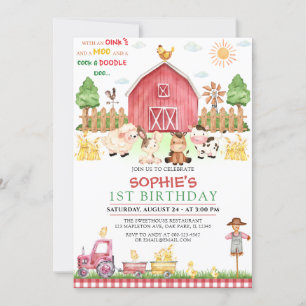 Red Gingham Boskap Barnyard Birthday Inbjudningar