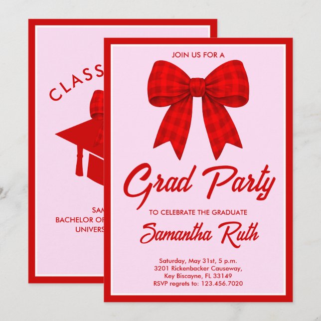 Red Gingham Bow Graduation Party Inbjudningar (Fram/baksida)