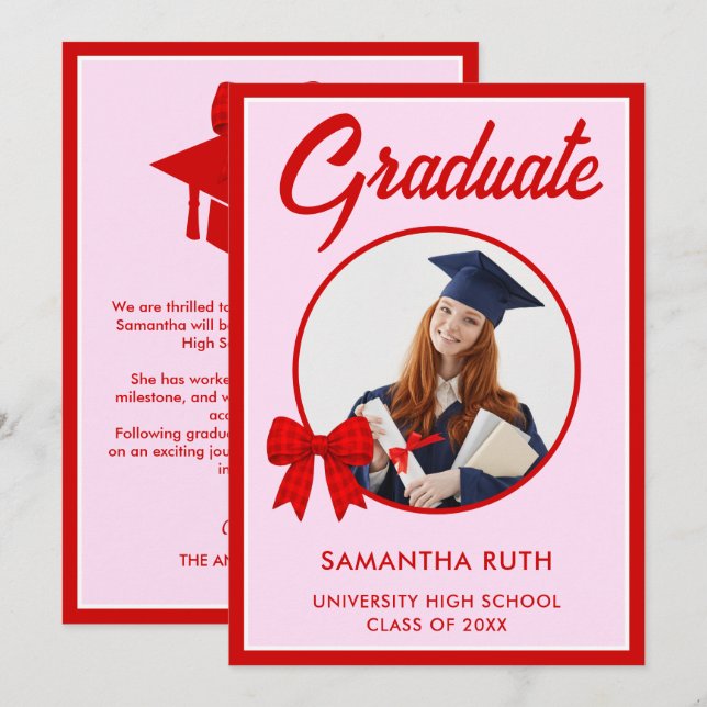 Red Gingham Bow Photo Graduation Announcement Meddelande (Fram/baksida)