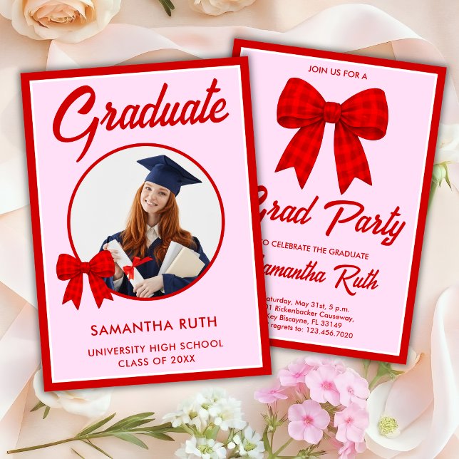 Red Gingham Bow Photo Graduation Party Inbjudningar (Skapare uppladdad)