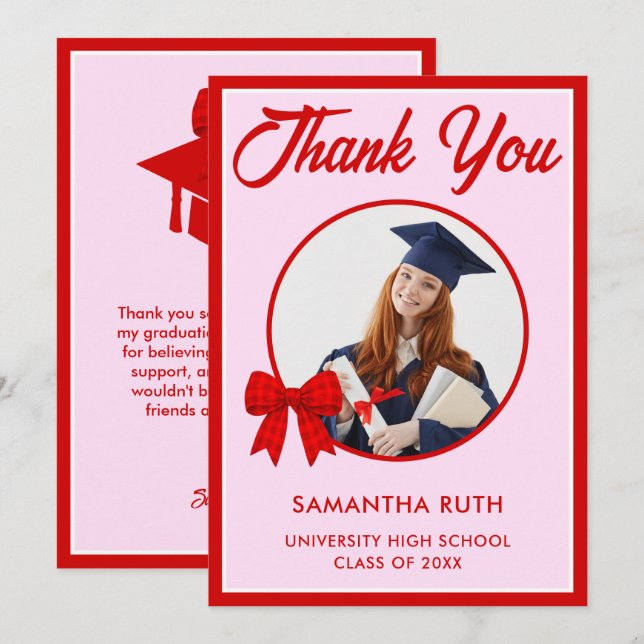 Red Gingham Bow Photo Graduation Tack Kort (Fram/baksida)