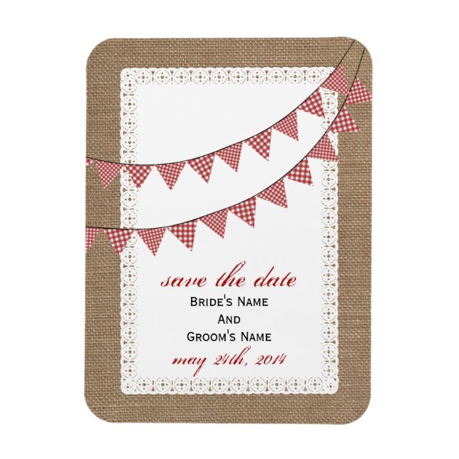 Red Gingham Bunting Burlap Inspired Spara datumet Magnet (Vertikal)