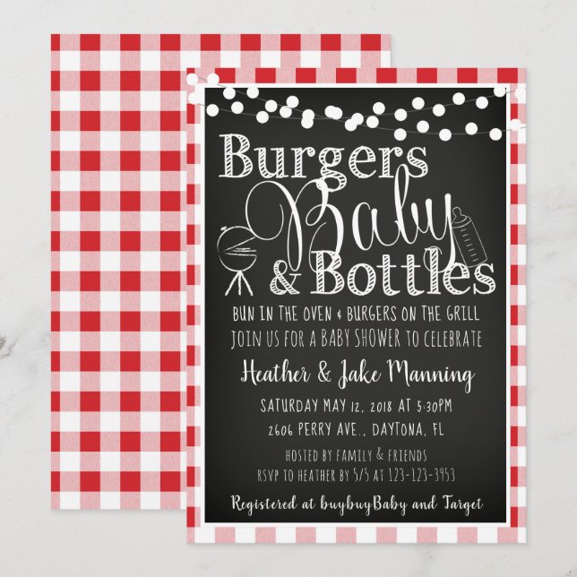 Red Gingham Burgers Flaskor Baby Shower-inbjudan Inbjudningar (Fram/baksida)
