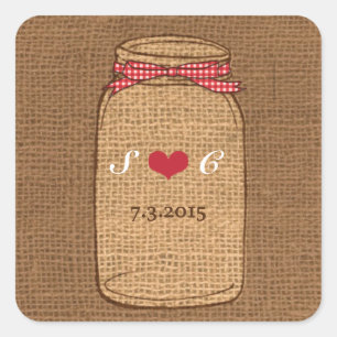 Red Gingham & Burlap Mason Burk Bröllop Fyrkantigt Klistermärke