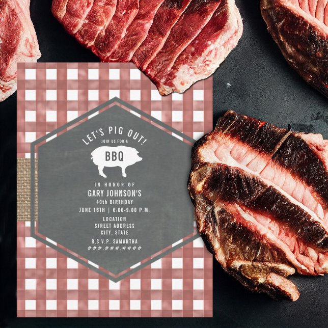 Red Gingham Chalkboard Gris Burlap Birthday Bbq Inbjudningar (Skapare uppladdad)