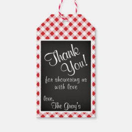 Red Gingham Check Baby Shower Tack Gift Märkre Presentetikett