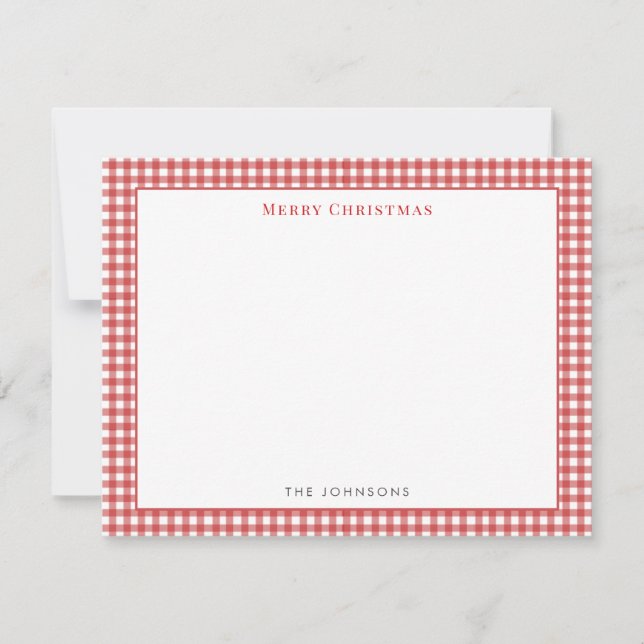 Red gingham Check Merry Christmas Note Card Tack Kort (Framsida)