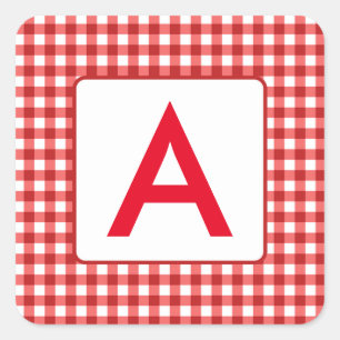 Red Gingham Check Monogram Square Stickers Fyrkantigt Klistermärke