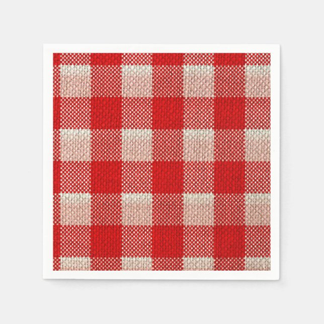 Red Gingham Checkated Mönster Burlap-utseende Pappersservett (Framsidan)