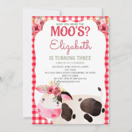 Red Gingham Cow Birthday Boskap Barnyard Inbjudningar