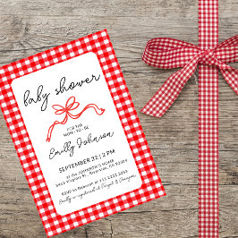 Red Gingham Cute Bow Handwriting Baby Shower Inbjudningar