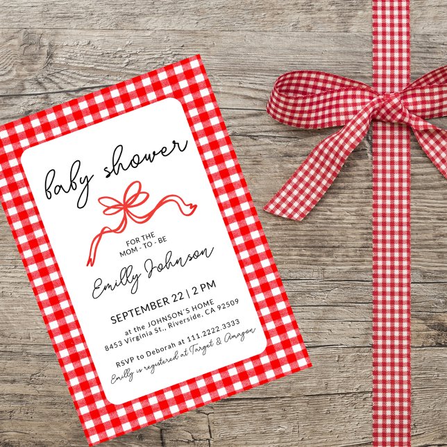 Red Gingham Cute Bow Handwriting Baby Shower Inbjudningar (Skapare uppladdad)