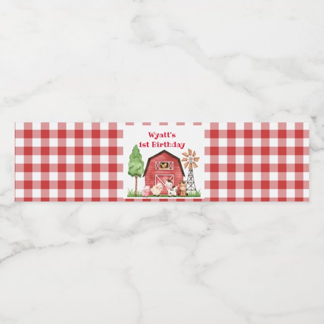 Red Gingham Farm First Birthday Drink Label Vattenflaskor Etikett (Singel etikett)