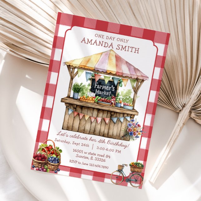 Red Gingham Farmers marknad lokalt Grown Birthday Inbjudningar (Skapare uppladdad)