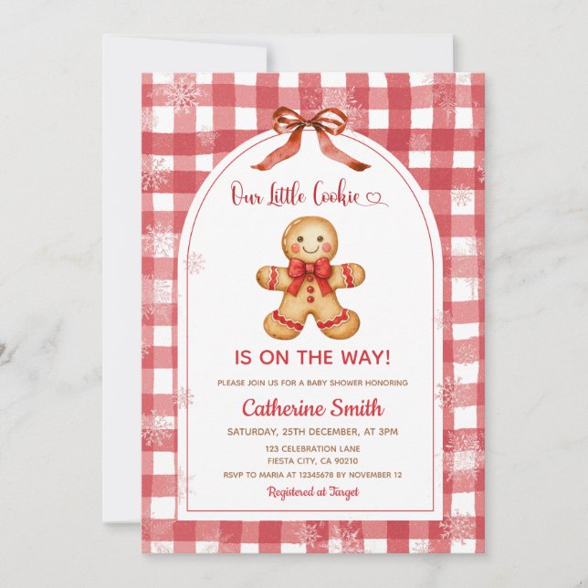 Red Gingham Gingerbread Christmas Baby Shower  Inbjudningar (Framsida)