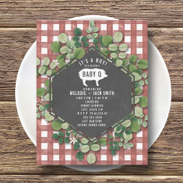 Red Gingham Greenery Baby Q Baby Shower Inbjudningar