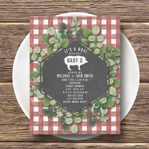Red Gingham Greenery Baby Q Baby Shower Inbjudningar