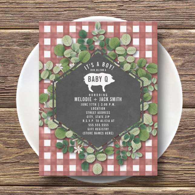 Red Gingham Greenery Baby Q Baby Shower Inbjudningar (Skapare uppladdad)