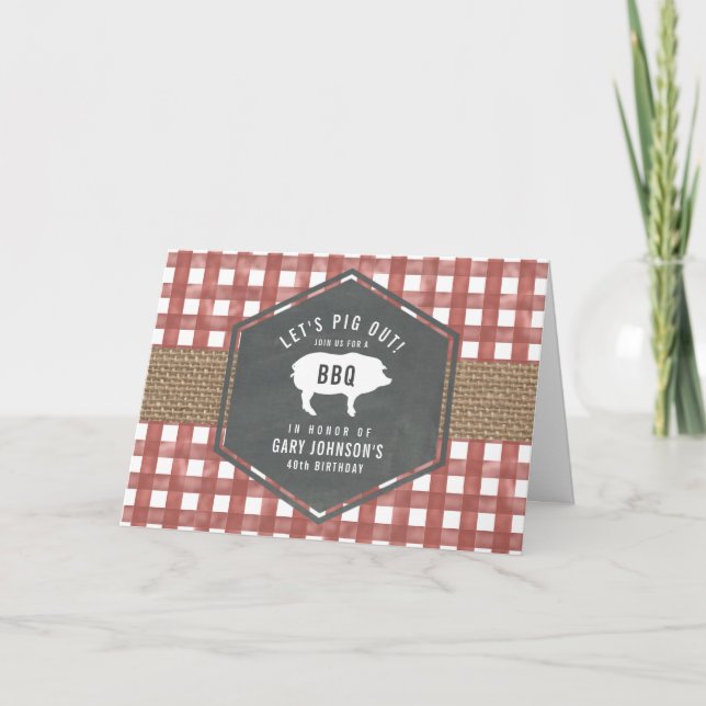 Red Gingham Gris Burlap Birthday Bbq Inbjudan (Framsida)