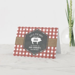 Red Gingham Gris Burlap Birthday Bbq Inbjudan