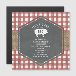 Red Gingham Gris Burlap Birthday Bbq Magnetisk Inbjudningskort