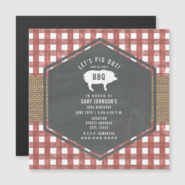 Red Gingham Gris Burlap Birthday Bbq Magnetisk Inbjudningskort (Fram/baksida)