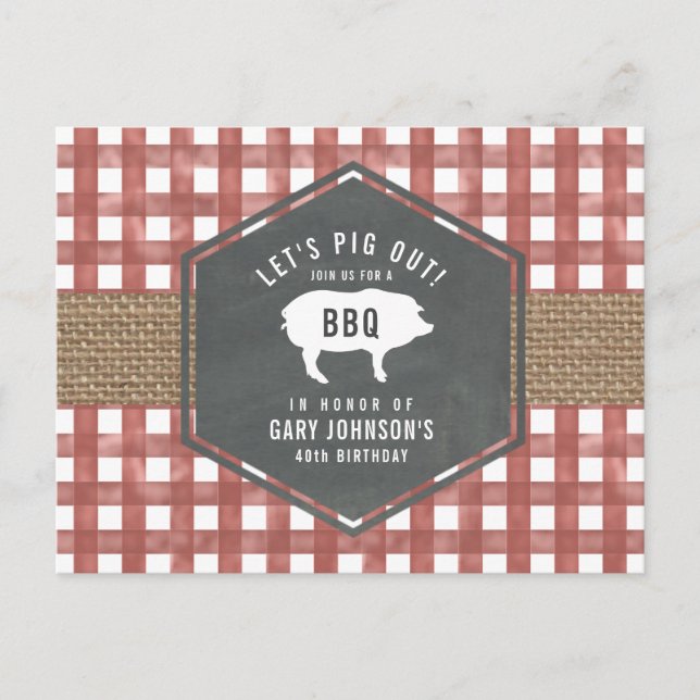 Red Gingham Gris Burlap Birthday Bbq Vykort (Framsida)