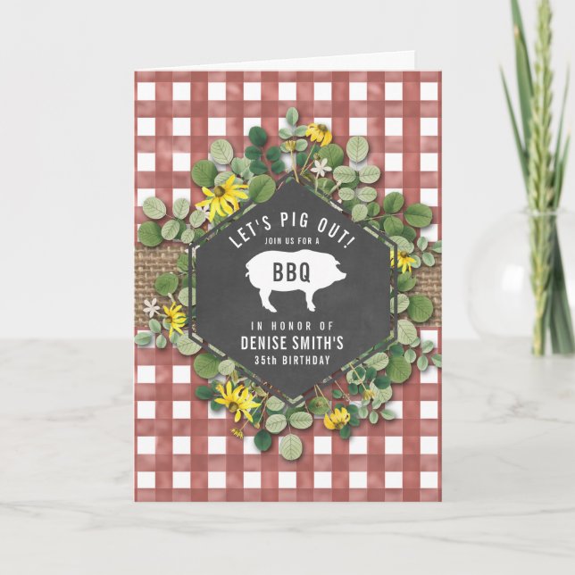 Red Gingham Gris Burlap Blommigt Birthday Bbq Inbjudan (Framsida)