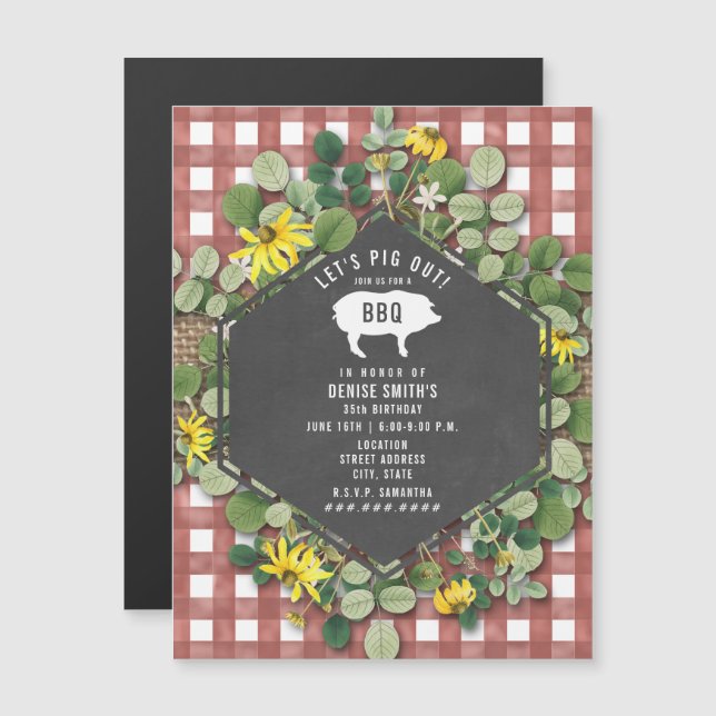 Red Gingham Gris Burlap Blommigt Birthday Bbq Magnetisk Inbjudningskort (Fram/baksida)