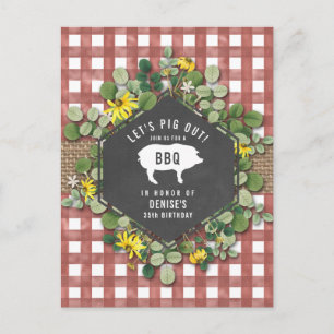 Red Gingham Gris Burlap Blommigt Birthday Bbq Vykort