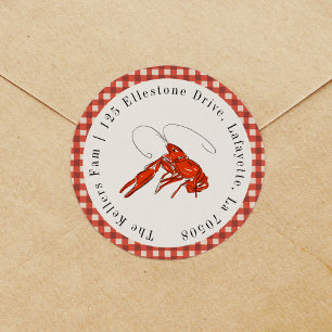 Red Gingham Kräftor Boil Seafood Returadress Runt Klistermärke