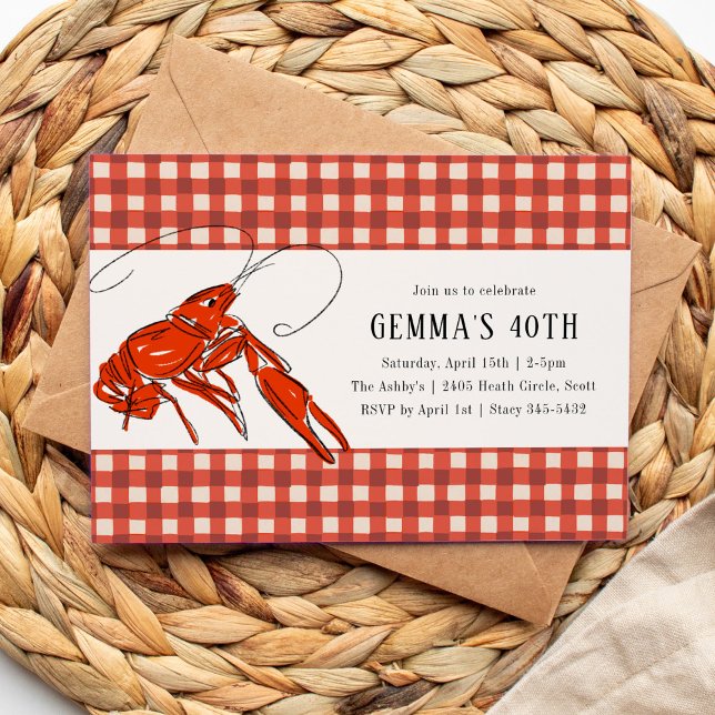 Red Gingham Kräftor Boil Seafood Summer Party Inbjudningar (Red gingham frames this boiled crawfish birthday party invitation.)
