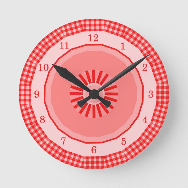 Red Gingham Land Checks numrerade Rund Klocka (Framsida)