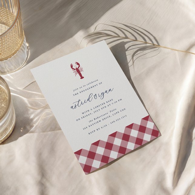 Red Gingham | Lobster Bake Förlovningsfest Inbjudningar (Coastal lobster bake engagement party invitations)