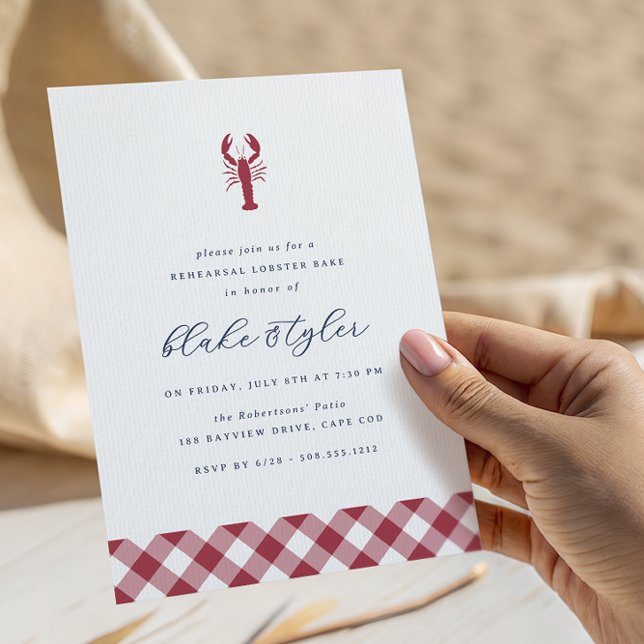 Red Gingham | Lobster Bake Rehearsal Dinner Inbjudningar (Coastal lobster bake rehearsal dinner invitations)