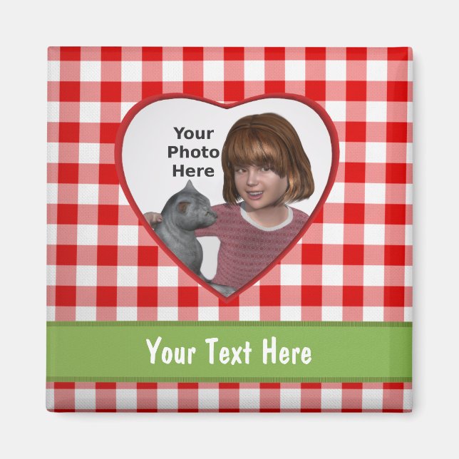Red Gingham look Heart Ram: Add a Photo and Text Magnet (Framsidan)