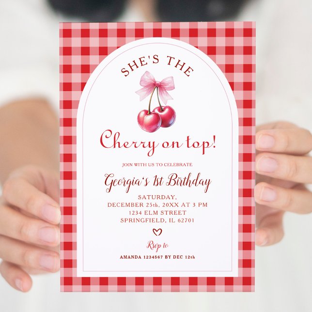 Red Gingham med Bow Cherry på Top Girl's Birthday Inbjudningar (Skapare uppladdad)