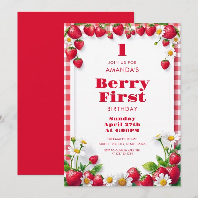 Red Gingham med jordgubbar Flicka Birthday Inbjudningar (Fram/baksida)