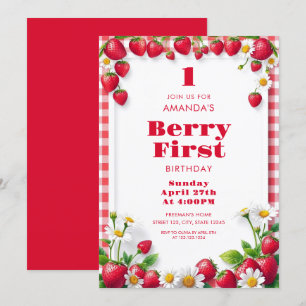Red Gingham med jordgubbar Flicka Birthday Inbjudningar