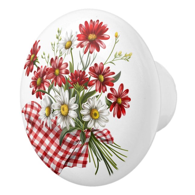 Red Gingham med Red and White Flower Bouquet Knopp (Höger)