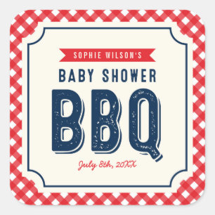 Red Gingham och Blue Baby Shower BBQ Party Fyrkantigt Klistermärke