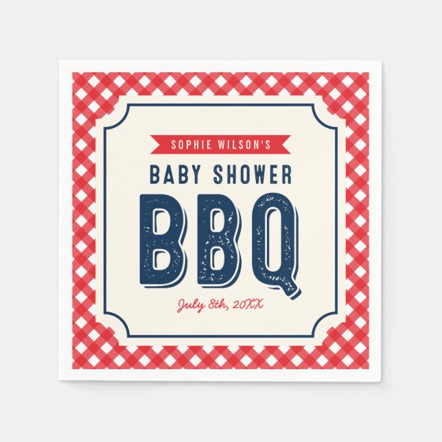 Red Gingham och Blue BBQ Baby Shower Pappersservett (Framsidan)