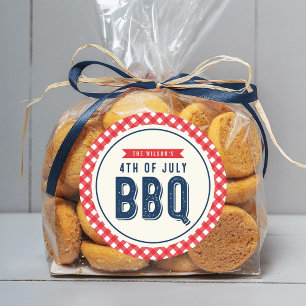 Red Gingham och Blue Fjärde juli BBQ Runt Klistermärke