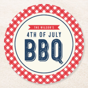Red Gingham och Blue Fjärde juli BBQ Underlägg Papper Rund