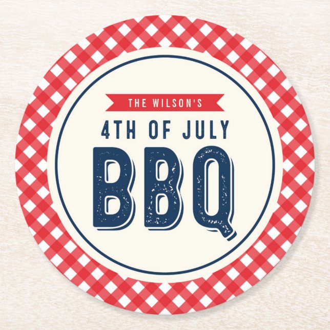 Red Gingham och Blue Fjärde juli BBQ Underlägg Papper Rund (Framsidan)